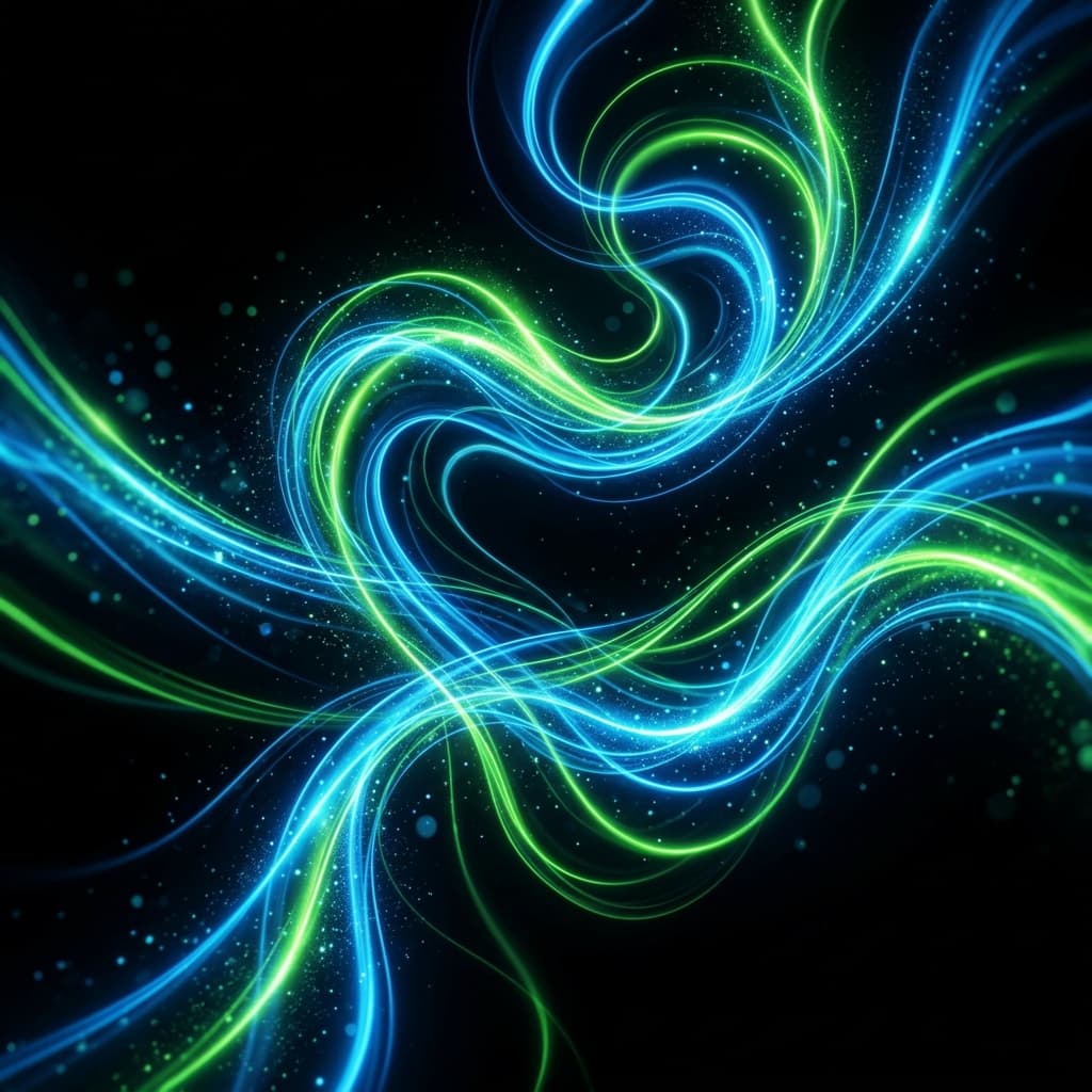 Swirling energy light paths in blue and green representing team creativity